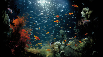 Fototapeta na wymiar Spectacular metaphysical oceanic scenery colorful underwater rief and fish