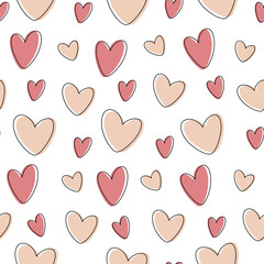 Seamless pattern with pink and beige hearts on a white background