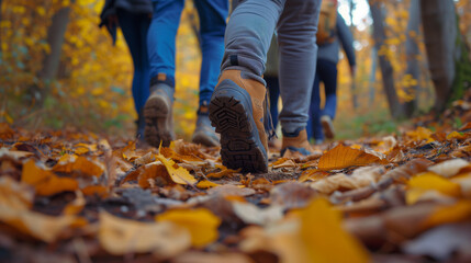 walking in autumn park,  Group of tourists walks along the path of the autumn forest. Feet close-up, Ai generated image 