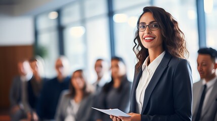 Confident woman addressing colleagues in a corporate setting , Confident woman, addressing colleagues, corporate setting - obrazy, fototapety, plakaty