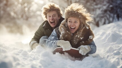Fototapeta na wymiar Two friends sledding down a hill with excitement , Two friends, sledding down, hill, excitement