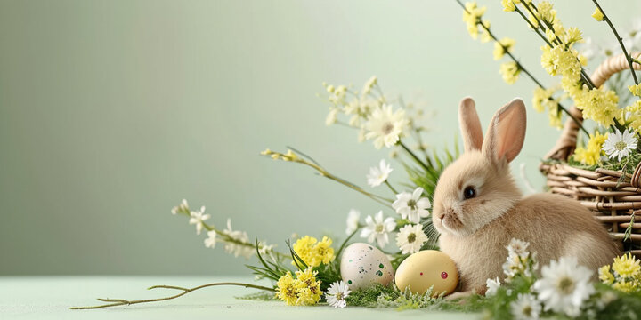 easter banner in pastel green and yellow tones,on a light background a composition of a charming decorative cute rabbit,yellow eggs and spring flowers,copy space,the concept of Easter design