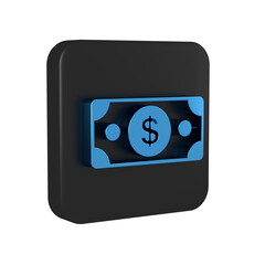 Blue Stacks paper money cash icon isolated on transparent background. Money banknotes stacks. Bill currency. Black square button.