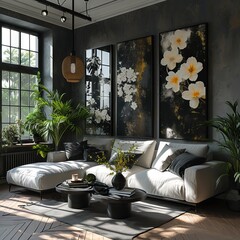 A cozy corner of the home interior with an abundance of green plants located by the window, sunlight entering the room, and paintings of flowers on the wall, creating an atmosphere of calm and harmony