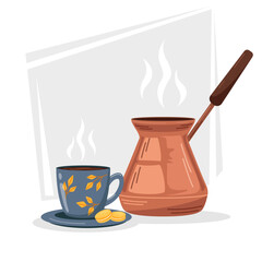 Vector illustration of a copper Turkish coffee maker and a cup with ready-made hot coffee. Illustration of breakfast, food, drinks. Kitchenware. Equipment for preparing aromatic drinks.