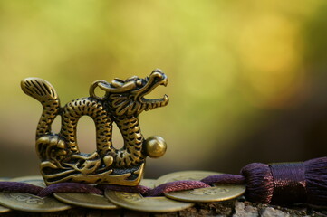 Metal dragon figurine with Chinese coins.