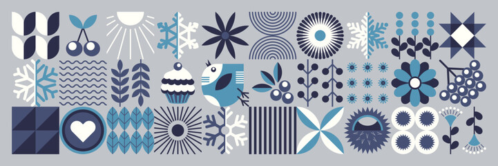 Geometric floral pattern. Scandinavian style. Ukrainian motifs. Merry Christmas and Happy New Year! Santa Claus, snowman, snowflakes, flowers, berries. Abstraction. Winter minimal illustration.