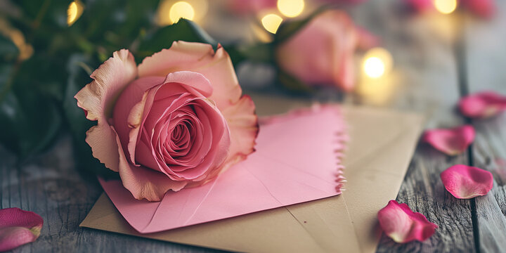 pink rose on table, Rose and paper, Pink Letter for Valentine's Day, Rose, Ai generated image 