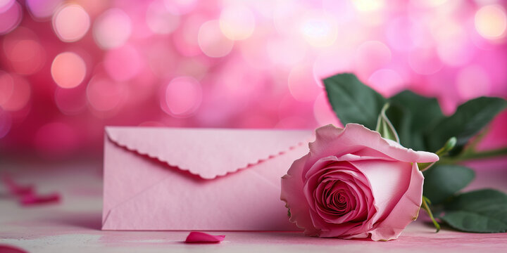 pink rose and gift box on wooden background, Rose and paper, Pink Letter for Valentine's Day, Rose, Ai generated image 