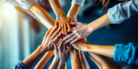 The concept of working together, friends and colleagues joining hands together in the air, close-up.