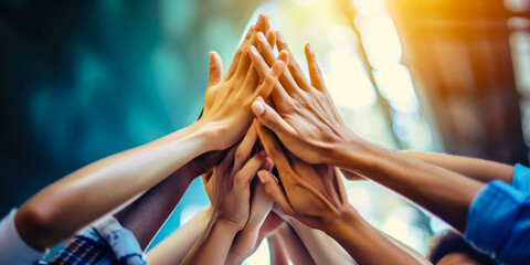 The concept of working together, friends and colleagues joining hands together in the air, close-up. - obrazy, fototapety, plakaty
