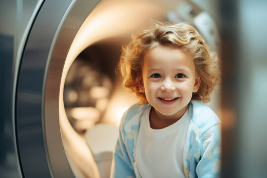 Generative AI image of happy child at MRI machine in hospital
