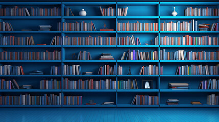 3d rendered illustration of blue book shelves - obrazy, fototapety, plakaty