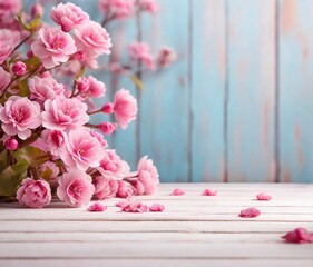 Spring background with pink flowers and white wooden table floor