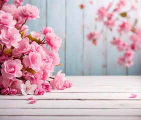 Spring background with pink flowers and white wooden table floor