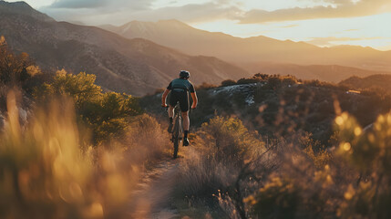 A cyclist powering through a scenic mountain trail at dusk. - obrazy, fototapety, plakaty