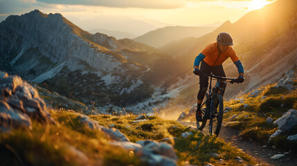 A cyclist powering through a scenic mountain trail at dusk. - obrazy, fototapety, plakaty