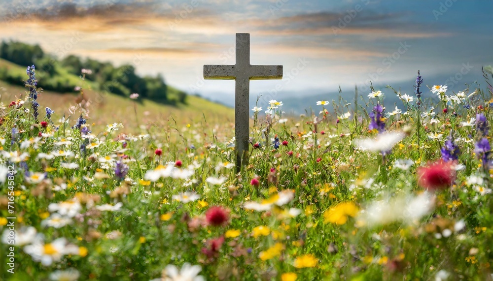 Poster cross in a meadow: a simple cross set in a peaceful meadow, surrounded by wildflowers and the tranqu