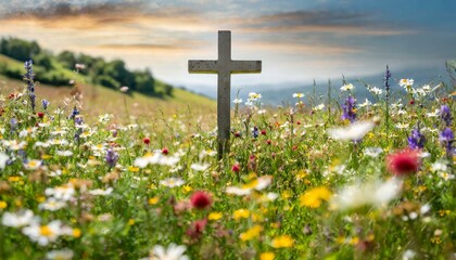 Cross in a Meadow: A simple cross set in a peaceful meadow, surrounded by wildflowers and the tranquility of nature.