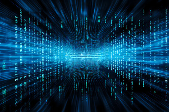 Blue digital binary data on computer screen background