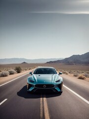 Blue Sports Car Driving Down Desert Road. Generative AI.
