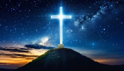 Glowing Cross in the Night Sky: A luminous cross shining in the night sky. - obrazy, fototapety, plakaty