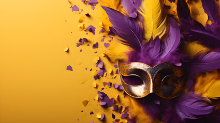 purple and yellow venetian or masquerade mask, feather, confetti. over on the purple background....