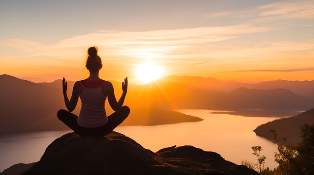 Woman doing yoga at sunrise in stock photography , Woman doing yoga, sunrise, stock photography