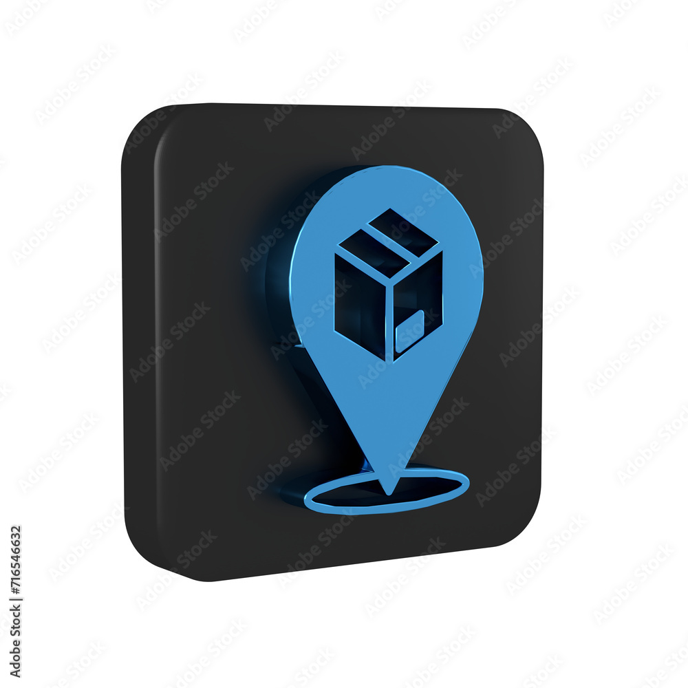 Poster blue location with cardboard box icon isolated on transparent background. delivery services, logisti