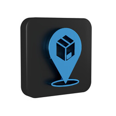Blue Location with cardboard box icon isolated on transparent background. Delivery services, logistic and transportation, distribution. Black square button.