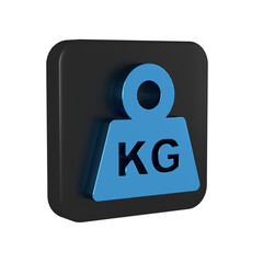 Blue Weight icon isolated on transparent background. Kilogram weight block for weight lifting and scale. Mass symbol. Black square button.
