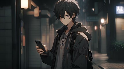 short black hair, a 20s man, wearing a black jacket, standing in the street, impassive expression, holding a mobile phone in his hand. japanese manga anime style illustration. generative AI - obrazy, fototapety, plakaty