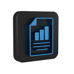 Blue Document with graph chart icon isolated on transparent background. Report text file icon. Accounting sign. Audit, analysis, planning. Black square button.