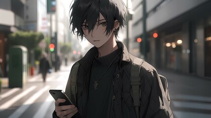 short black hair, a 20s man, wearing a black jacket, standing in the street, impassive expression, holding a mobile phone in his hand. japanese manga anime style illustration. generative AI