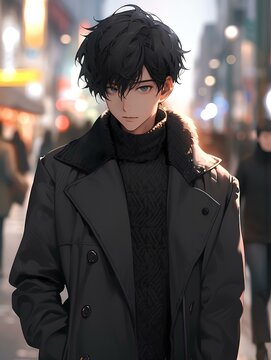 short black hair, a 20s man, wearing a black jacket, standing in the street, impassive expression. japanese manga anime style illustration. generative AI