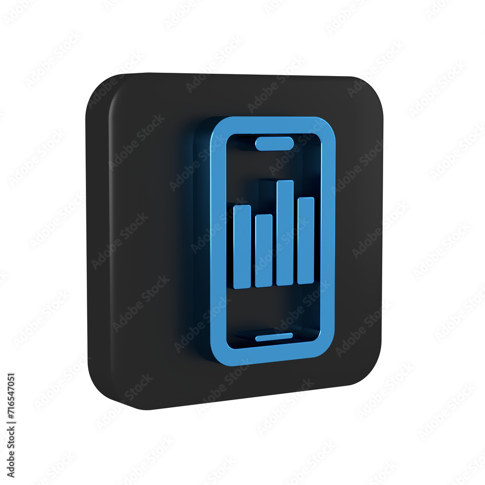 Poster blue mobile phone with graph chart icon isolated on transparent background. report text file. accoun