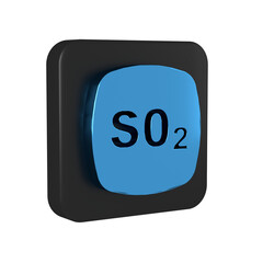 Blue Sulfur dioxide SO2 gas molecule icon isolated on transparent background. Structural chemical formula and molecule model. Black square button.