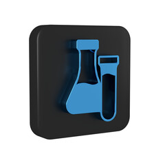 Blue Test tube and flask chemical laboratory test icon isolated on transparent background. Laboratory glassware sign. Black square button.
