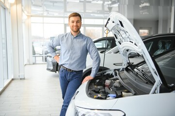 Young man, selling electric cars in the showroom. Concept of buying eco-friendly car for family