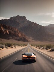 Orange Sports Car Speeding Along Desert Highway Under Blue Sky. Generative AI.