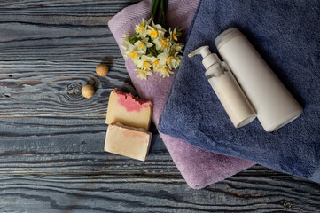 Personal hygiene items for spa, towels on a table close-up