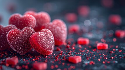 Valentine's Day concept. Top view photo of heart shaped lollipops with candies on concrete texture background with copyspace