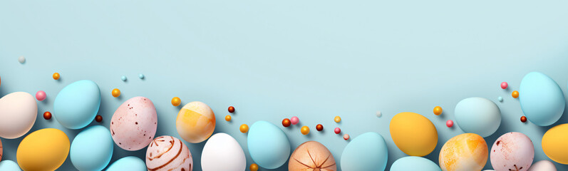 Osterbanner mit bemalten Eiern  auf hellblauem Hintergrund. Draufsicht, flach gelegt mit Kopierraum - obrazy, fototapety, plakaty