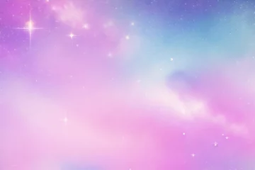 Foto auf Acrylglas ホログラフィック ファンタジー虹ユニコーンの背景に雲と星。パステルカラーの空。魔法の風景、抽象的な素晴らしいパターン。かわいいキャンディーの壁紙。ベクター。 © Cobe