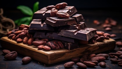 Title culinary background with dark chocolate pieces and crushed cocoa beans