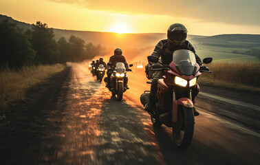 silhouette of bikers on motorcycle riding in the road at sunset created with Generative AI...