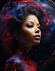 Craft a surreal portrait of a woman with a cosmic aura.