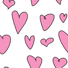 Seamless abstract pattern of different pink contour hearts. Hand drawn doodle background, texture for textile, wrapping paper, Valentines day, romantic design