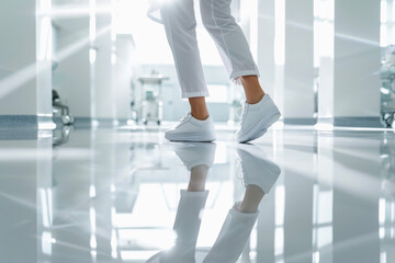 Close up legs of a woman doctor with nurse shoes walking on a reflection floor in a modern hospital. Hospital concept of medical and treatment.