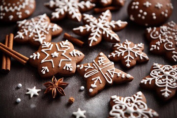 Christmas gingerbread cookies in various holiday shapes. A variety of gingerbread treats beautifully arranged on a table, closeup